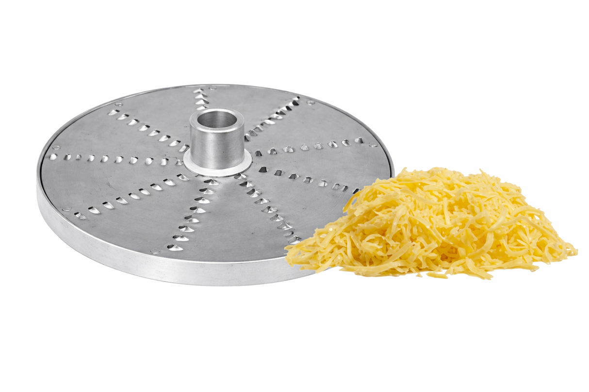A Hobart 1/8" stainless steel shredder plate stands upright next to a small pile of shredded yellow cheese on a white background. The grater’s surface features rows of sharp, raised holes for efficient shredding.