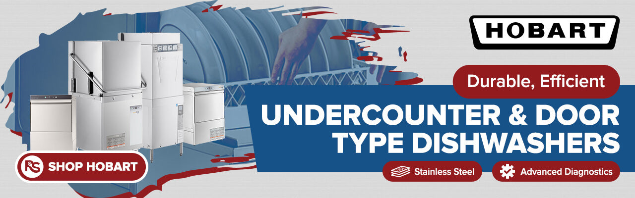 Hobart commercial dishwashers including undercounter and door-type models made from stainless steel.