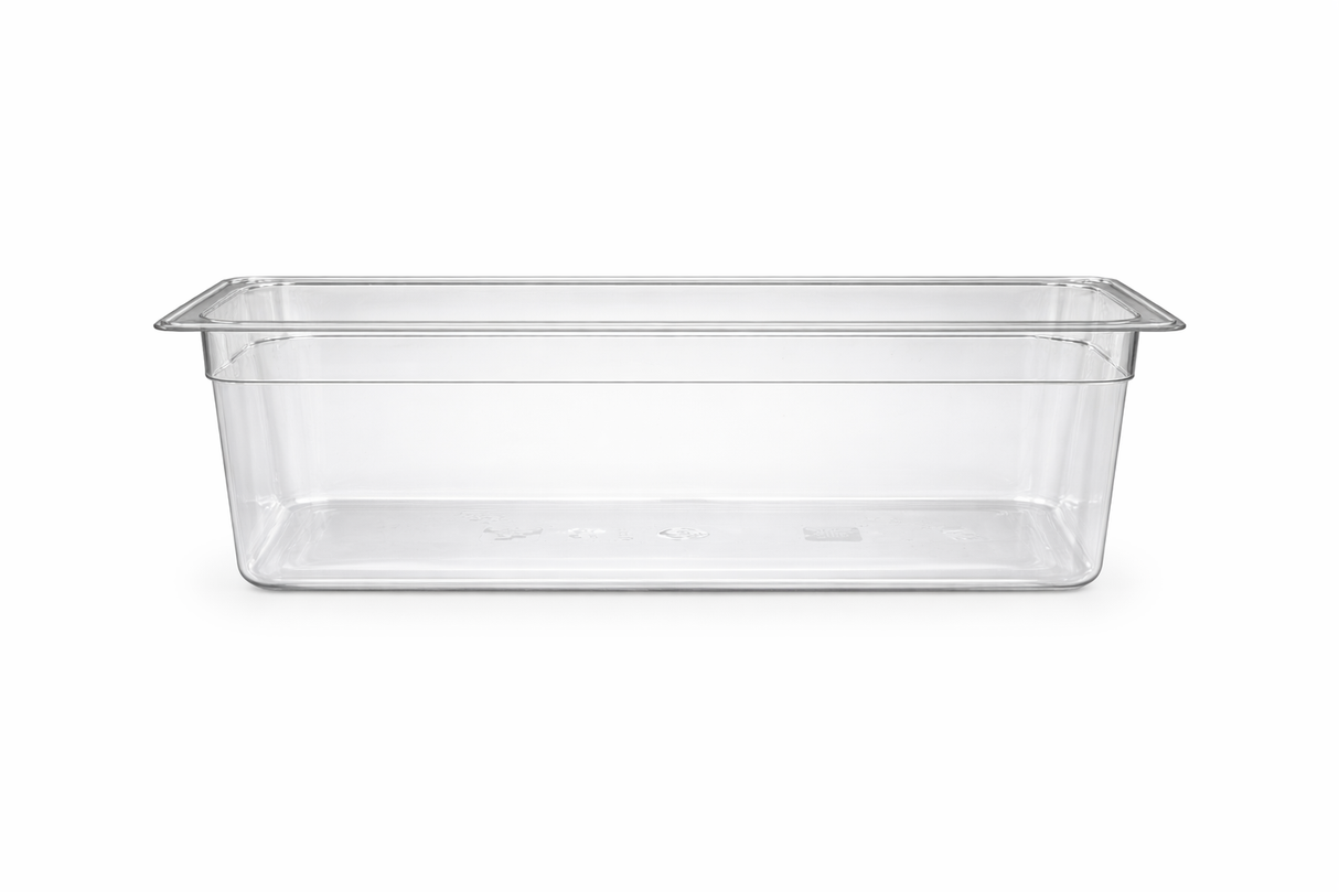 A clear plastic pan with straight sides and a wide rim sits on a plain white background. This empty, transparent Hobart pan allows the bottom and interior to be easily seen.