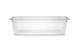 A clear plastic pan with straight sides and a wide rim sits on a plain white background. This empty, transparent Hobart pan allows the bottom and interior to be easily seen.