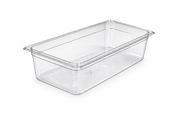A clear plastic pan with straight sides and rounded corners, shown empty on a white background. This durable container is typically used in commercial kitchens for storing or preparing food.