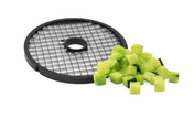 A black Hobart dicer plate lies on a white surface beside a pile of small, even cucumber cubes, illustrating the stainless steel tool’s purpose of cutting vegetables into uniform pieces.