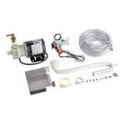 An Ice-O-Matic GEMU090 Pump Kit includes a pump with attached cord, coiled clear hose, white flexible tube, metal and plastic mounting brackets, assorted screws and fasteners, and an inlet valve with wiring—everything laid out on a white background.