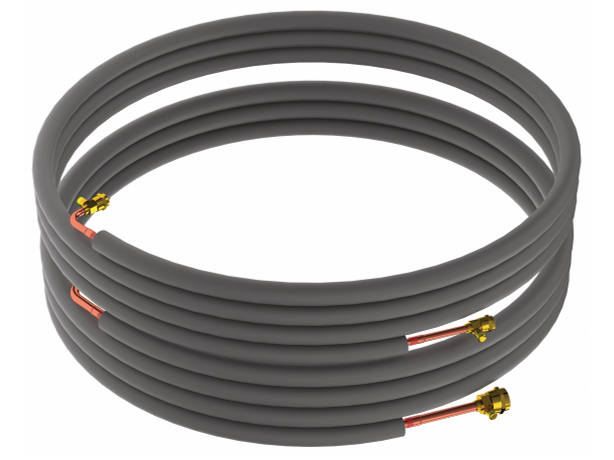 A coiled length of copper pipe covered in dark gray insulation, with brass fittings on each end. This Precharged Tubing Kit is neatly wrapped in three tiers, ideal for use with R-404A refrigerant. The background is plain white.