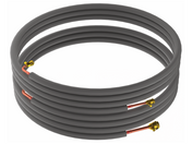 A coiled length of copper pipe covered in dark gray insulation, with brass fittings on each end. This Precharged Tubing Kit is neatly wrapped in three tiers, ideal for use with R-404A refrigerant. The background is plain white.