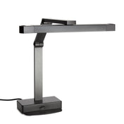 A modern, black multi-position heat lamp with a rectangular base, an adjustable vertical arm, and a horizontal light bar. Its sleek, angular design features clean lines and a matte finish. A power cord extends from the back of the base.