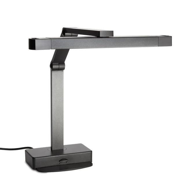 A modern, black multi-position heat lamp with a rectangular base, an adjustable vertical arm, and a horizontal light bar. Its sleek, angular design features clean lines and a matte finish. A power cord extends from the back of the base.