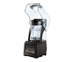 A black Quick & Quiet Blender countertop model with a clear, BPA-Free pitcher and a transparent, hinged sound enclosure open at the top. The digital control panel includes multiple buttons and a small display screen. The background is plain white.