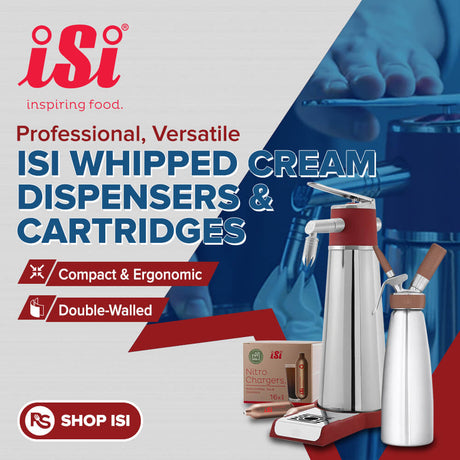 iSi professional whipped cream dispensers with ergonomic design and double-walled construction, compatible with nitro chargers for culinary applications.
