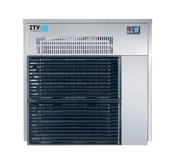 A front view of the ITV Ice Makers ICE QUEEN F IQF 1300 shows a commercial stainless steel ice maker with black ventilation grilles, control buttons, and the ITV logo. The machine features a modern, industrial appearance and a rectangular shape.