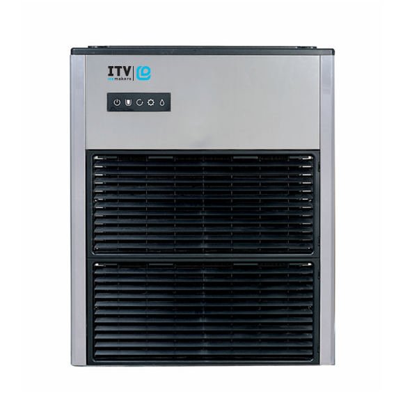 Front view of a silver and black ITV Ice Makers unit, model ICE QUEEN F IQF 900. The top displays the ITV Smart brand and control panel icons, while the lower half features two large black vented grills in a modern rectangular design.