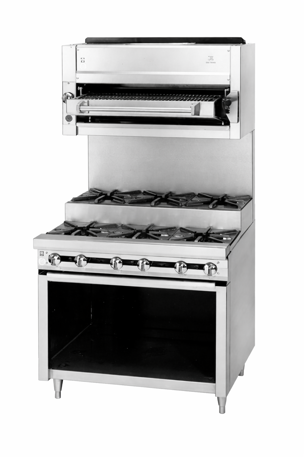 The Titan Heavy Duty Range is a commercial stainless steel gas range with six burners, control knobs, an open lower shelf, and an overhead broiler. Its clean, industrial design makes it ideal for professional kitchens.
