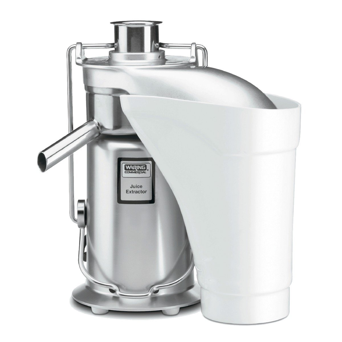 A heavy duty, stainless steel juice extractor with a cylindrical body, top handle, and side spout. A large white plastic pulp collector curves upward from the side. The machine is labeled “Waring Commercial Juice Extractor.”.