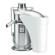 A heavy duty, stainless steel juice extractor with a cylindrical body, top handle, and side spout. A large white plastic pulp collector curves upward from the side. The machine is labeled “Waring Commercial Juice Extractor.”.