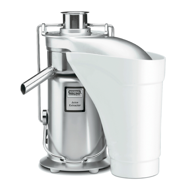 A heavy duty, stainless steel juice extractor with a cylindrical body, top handle, and side spout. A large white plastic pulp collector curves upward from the side. The machine is labeled “Waring Commercial Juice Extractor.”.