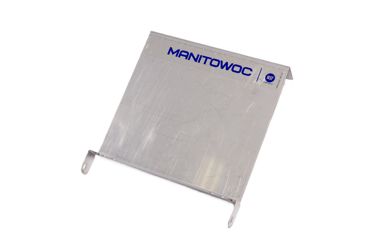A rectangular, metallic External Scoop Holder Extension panel with two tabs at the bottom and a flange at the top. The word MANITOWOC and model K00482 are printed in blue near a circular logo. Surface shows visible scratches and scuffs.