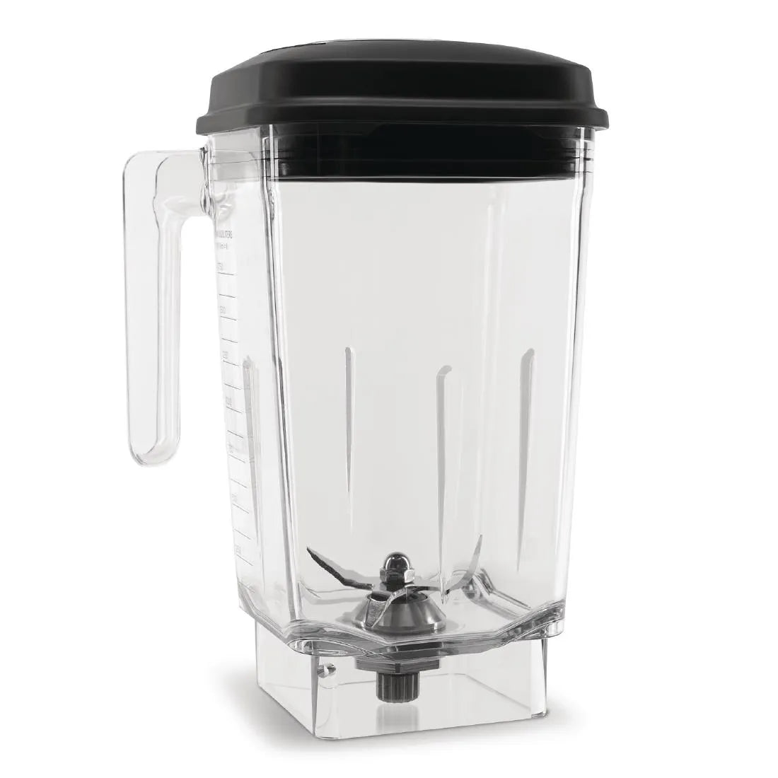 A clear 60 oz Blender Container with measurement markings, a black lid, side handle, and stainless steel blades at the bottom, photographed against a plain white background. Compatible with KitchenAid Commercial blenders.