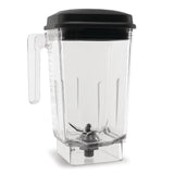 A clear 60 oz Blender Container with measurement markings, a black lid, side handle, and stainless steel blades at the bottom, photographed against a plain white background. Compatible with KitchenAid Commercial blenders.