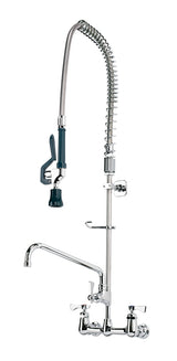 A commercial kitchen pre-rinse assembly with a tall, flexible spring coil hose and spray nozzle, plus a standard spout. This chrome wall mount fixture features two cross handles for hot and cold water, and a lever for the spray wand.