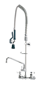 A commercial kitchen pre-rinse assembly with a tall, flexible spring coil hose and spray nozzle, plus a standard spout. This chrome wall mount fixture features two cross handles for hot and cold water, and a lever for the spray wand.