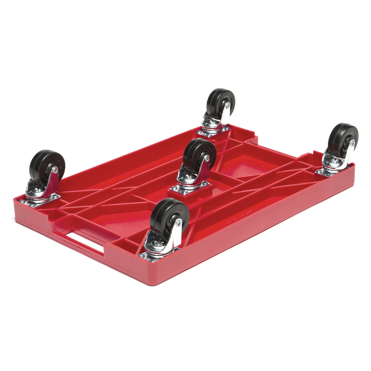The Krowne KR-4000 case dolly is a red rectangular plastic dolly with five black swivel caster wheels, a built-in handle on one side, and a reinforced, ribbed surface for added strength and stability.