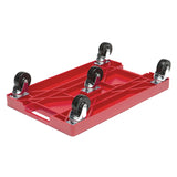 The Krowne KR-4000 case dolly is a red rectangular plastic dolly with five black swivel caster wheels, a built-in handle on one side, and a reinforced, ribbed surface for added strength and stability.