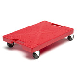 The Krowne KR-4000 case dolly is a red rectangular plastic dolly with a textured surface, two built-in handles on opposite sides, and four black swivel caster wheels, designed for moving heavy objects. The dolly is shown on a white background.