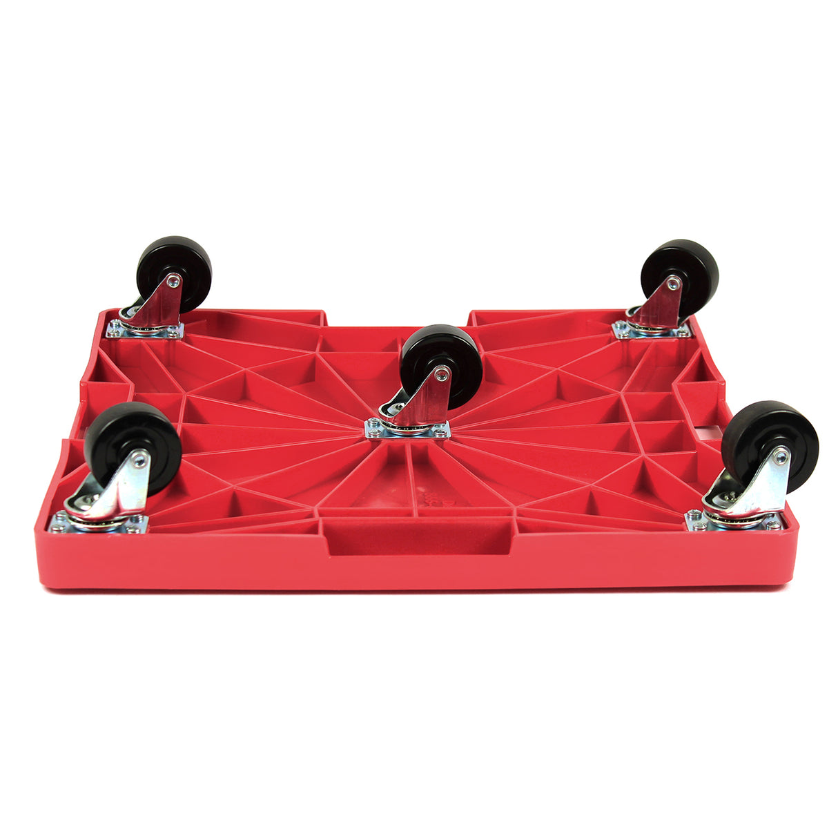 A red, rectangular Krowne dolly is shown upside down, displaying five black swivel caster wheels attached at the edges and center. The dolly has a textured, ribbed undersurface for strength and a shallow recessed area on top.