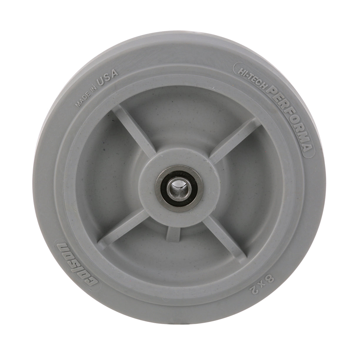 A gray plastic caster wheel with a Delrin bearing and five spokes features embossed text—DOMSON, wheel diameter 8", MADE IN USA, and Hitech PERFORMA—around the rim. The wheel is photographed on a white background.