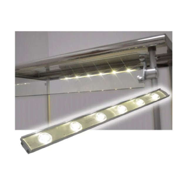 A modern LED lighting strip, 36"W, is mounted above a glass shelf with a metal bracket. The strip has five circular bulbs that emit bright white light, illuminating the area—ideal for use with stainless-top food shields against a plain white wall.