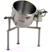 A large 20-gallon direct steam tilting kettle with three sturdy legs, a spout for pouring on the left, a hand crank for tilting on the right, and a manufacturer’s label on the front, designed for cooking or mixing industrial-sized batches of food or liquid.