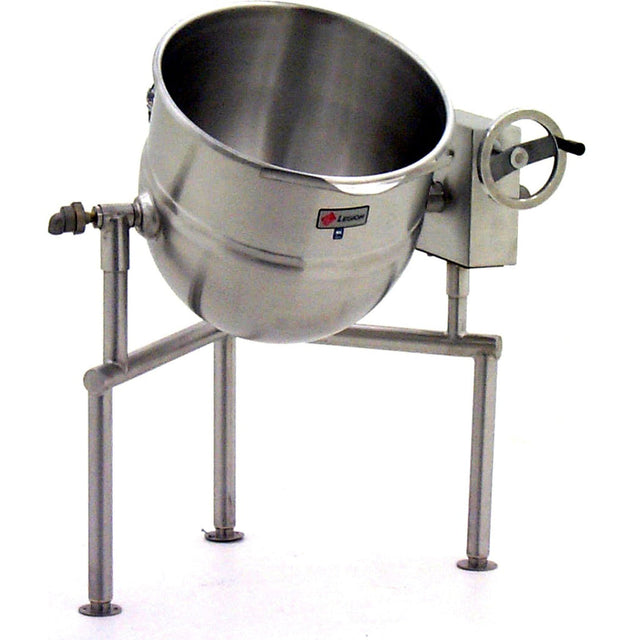 Large 40-gallon stainless steel Direct Steam Tilting Kettle on three legs, tilted forward. It features a hand crank on the right side for easy tilting, a spout on the left for efficient draining, and a logo displayed on the front. The design is clean and functional, making it ideal for commercial cooking applications.