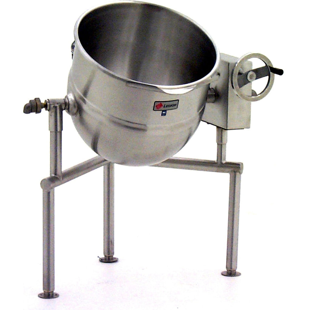 A large 50-gallon Direct Steam Tilting Kettle made of stainless steel, featuring a hand crank, spout, and three sturdy legs, designed for industrial or commercial cooking. The elevated bowl is slightly angled forward, making it easy to pour contents efficiently.