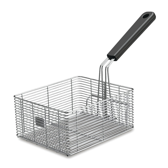 A rectangular steel wire fryer basket with a black plastic handle. The basket has a grid-like pattern and is designed for deep frying food in 10-lb fryers, featuring straight sides and a long handle for safe handling. The background is plain white.