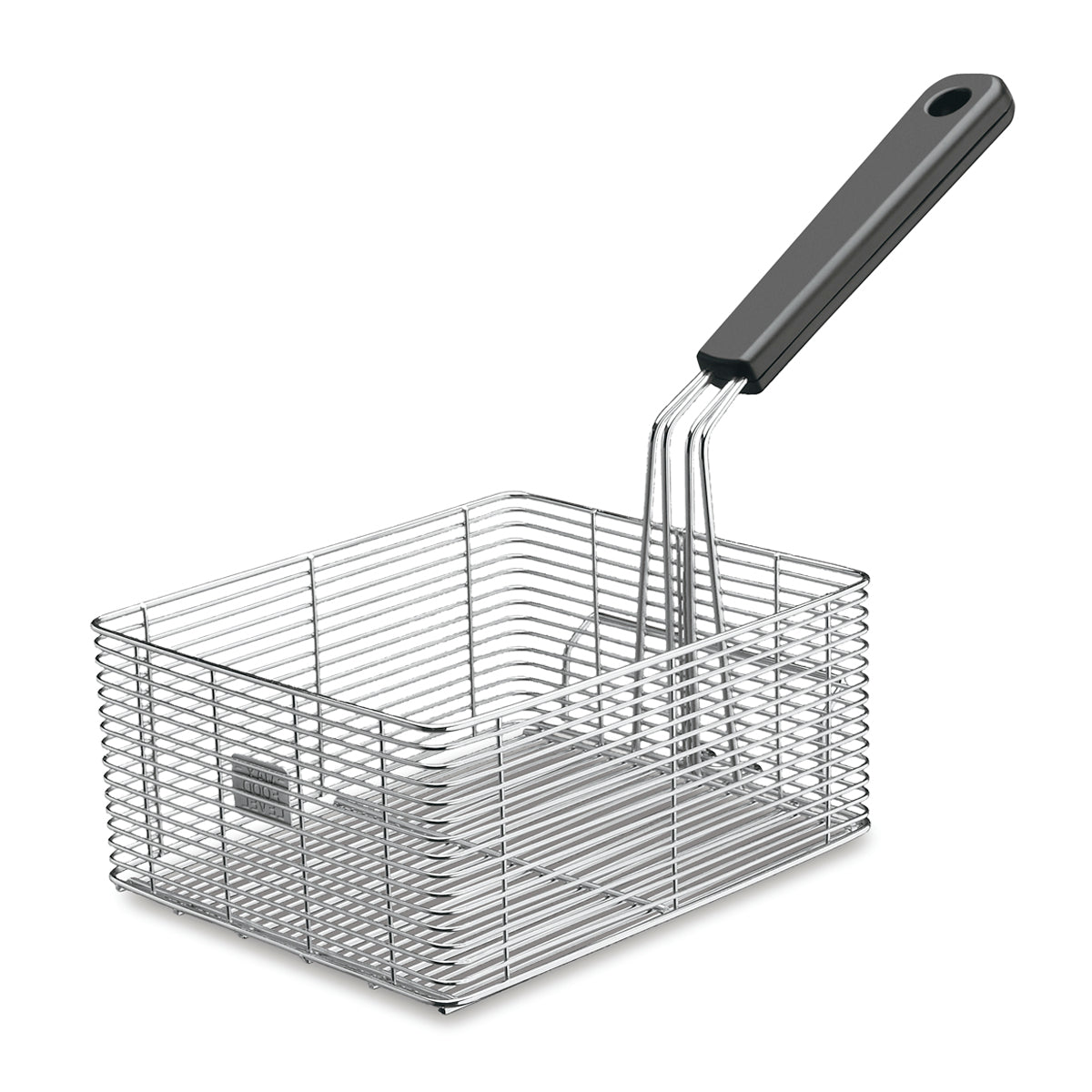 A rectangular steel wire fryer basket with a black plastic handle, designed for use with 15-lb fryers. The handle is attached to one side and curves upward. The basket features an open top and mesh grid structure for efficient oil drainage.