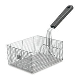 A rectangular steel wire fryer basket with a black plastic handle, designed for use with 15-lb fryers. The handle is attached to one side and curves upward. The basket features an open top and mesh grid structure for efficient oil drainage.