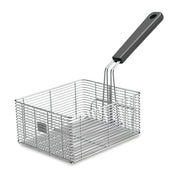 A rectangular steel wire fryer basket with a black plastic handle, designed for use with 15-lb fryers. The handle is attached to one side and curves upward. The basket features an open top and mesh grid structure for efficient oil drainage.