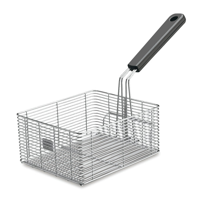 A rectangular steel wire fryer basket with a black plastic handle, designed for use with 15-lb fryers. The handle is attached to one side and curves upward. The basket features an open top and mesh grid structure for efficient oil drainage.