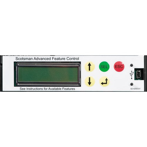 A Scotsman Advanced Feature Control panel with Prodigy SmartBoard offers an LCD screen, four arrow keys, SEL and ESC buttons, a USB port, and programmable bin level control—see instructions for available features.