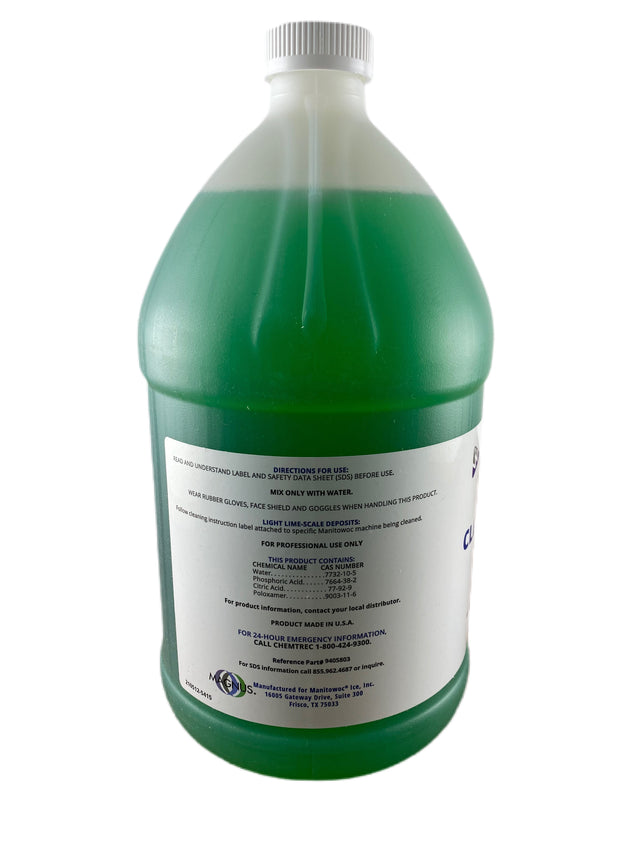 A large plastic gallon jug filled with green liquid. It has a white cap and a white label with black text detailing directions, warnings, and Manitowoc 9405803 information. The product is for professional use and should be diluted with water.