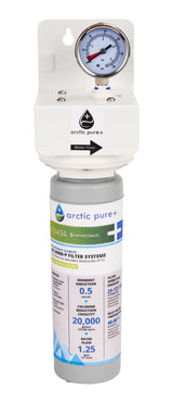 A Manitowoc water filter assembly labeled “Arctic Pure Plus” is vertically mounted in a white bracket with a gauge on top. The gray and white cartridge, accented in blue, lists specs and features designed for ice machines.