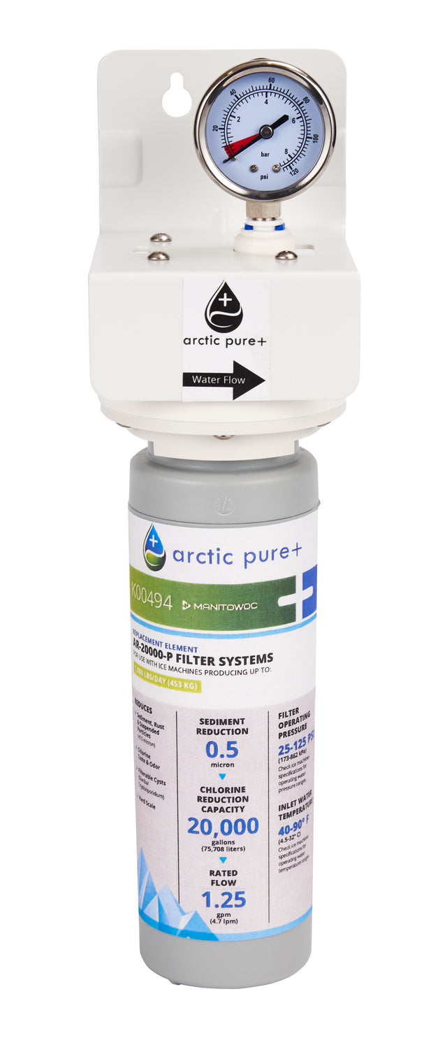 A Manitowoc water filter assembly labeled “Arctic Pure Plus” is vertically mounted in a white bracket with a gauge on top. The gray and white cartridge, accented in blue, lists specs and features designed for ice machines.