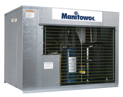 A large, industrial Manitowoc QuietQube ice machine compressor unit with a metallic exterior. The front panel features a yellow protective metal grill, revealing internal black and blue cylindrical components of this air-cooled system.