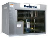 A Manitowoc air-cooled commercial ice machine compressor unit with a metal casing, inspection labels, and a wire protective grill in front. The Manitowoc logo is displayed on the front panel above the inner components.