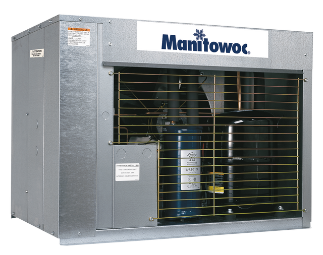 A metallic industrial ice machine unit with a silver finish, labeled “Manitowoc” at the top. This air-cooled IF-1400C Series Remote Condensing Unit features a metal grille revealing internal black cylindrical components and warning labels. The background is plain white.