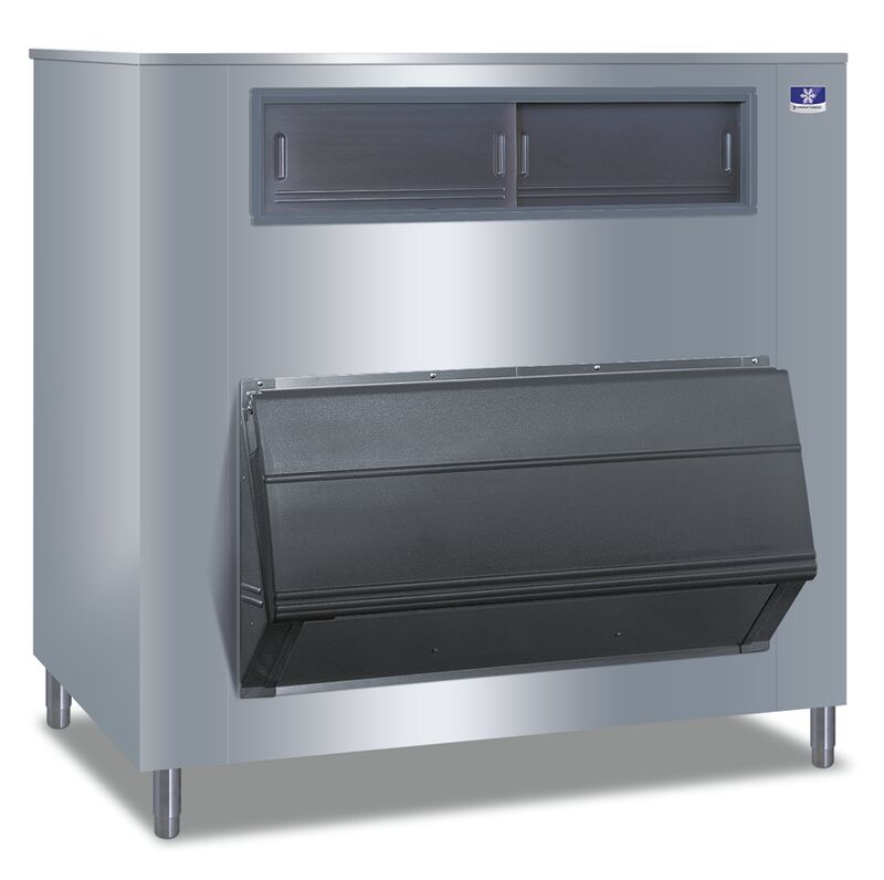 A commercial Manitowoc F1650 stainless steel ice storage bin with a large black front-opening door and two upper sliding access windows, elevated on four metal legs. This functional upright storage bin is ideal for restaurant or kitchen use.