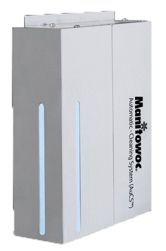 A silver rectangular box labeled “Manitowoc Automatic Cleaning System (AuCS)” in black text, designed for Indigo NXT Cubers. It features two vertical blue indicator lights on the front left and a metallic component on top, set against a plain white background.