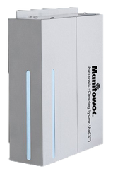 A silver rectangular box labeled “Manitowoc Automatic Cleaning System (AuCS)” in black text, designed for Indigo NXT Cubers. It features two vertical blue indicator lights on the front left and a metallic component on top, set against a plain white background.