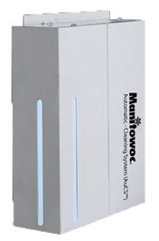 A rectangular, metallic device with vertical blue indicator lights on the front. The Manitowoc IAUCS-261 Auto Clean Sys and 208/230v are printed on the right side. The background is plain white.
