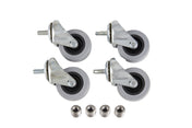 Four gray 2.5 inch swivel Manitowoc casters with metal brackets are arranged in a square pattern. Below the wheels, four matching metal threaded inserts are lined up in a row, all items placed on a white background.